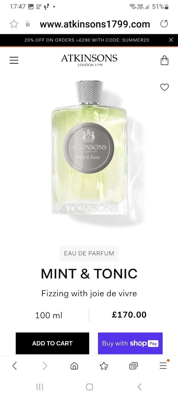 Atkinsons Mint & Tonic, EDP, остаток 80 мл