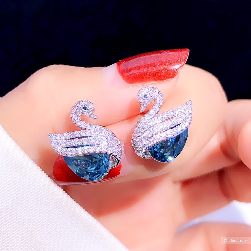 Серьги лебеди с кристаллами, one size, Swarovski