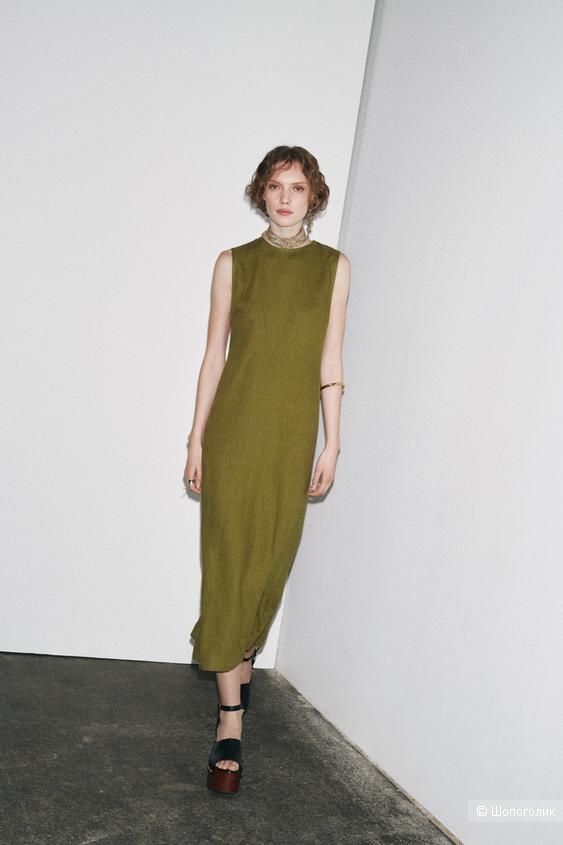 Платье льняное Zara хаки, М