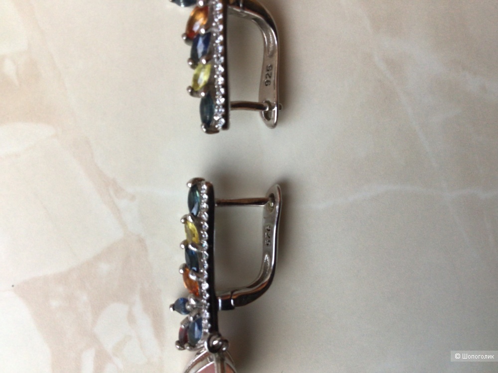 Набор (сет) серебряные кольцо и серьги с розовым опалом и сапфирами, 17,5