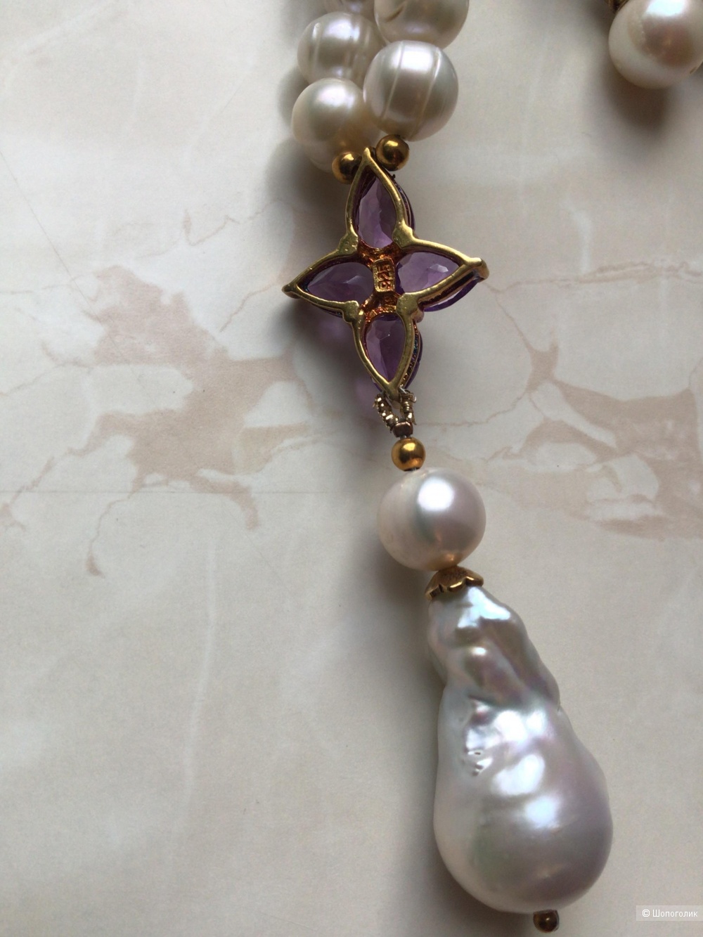 Набор (сет) серебряное колье и серьги из натурального жемчуга барокко и аметистов