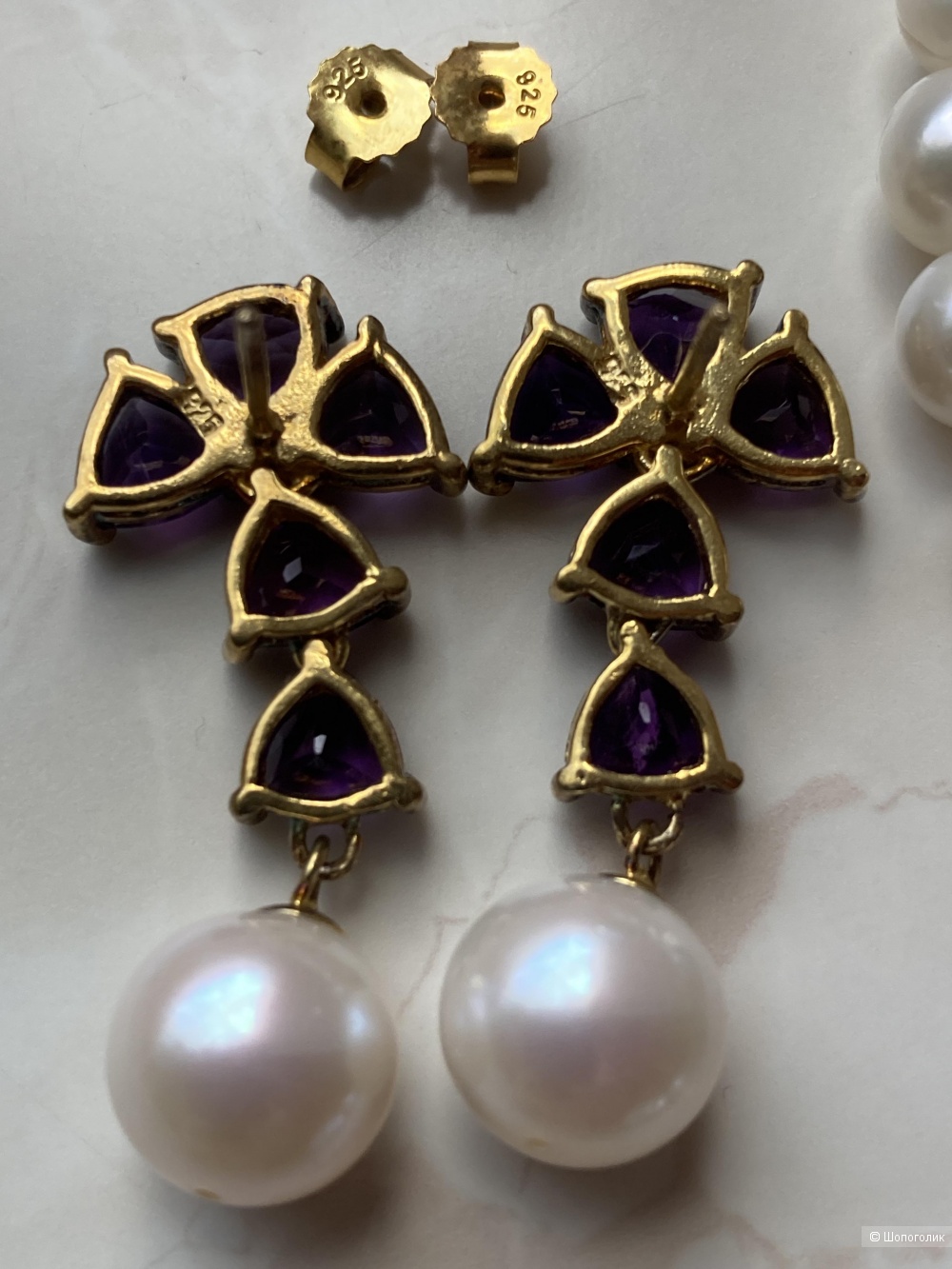 Набор (сет) серебряное колье и серьги из натурального жемчуга барокко и аметистов