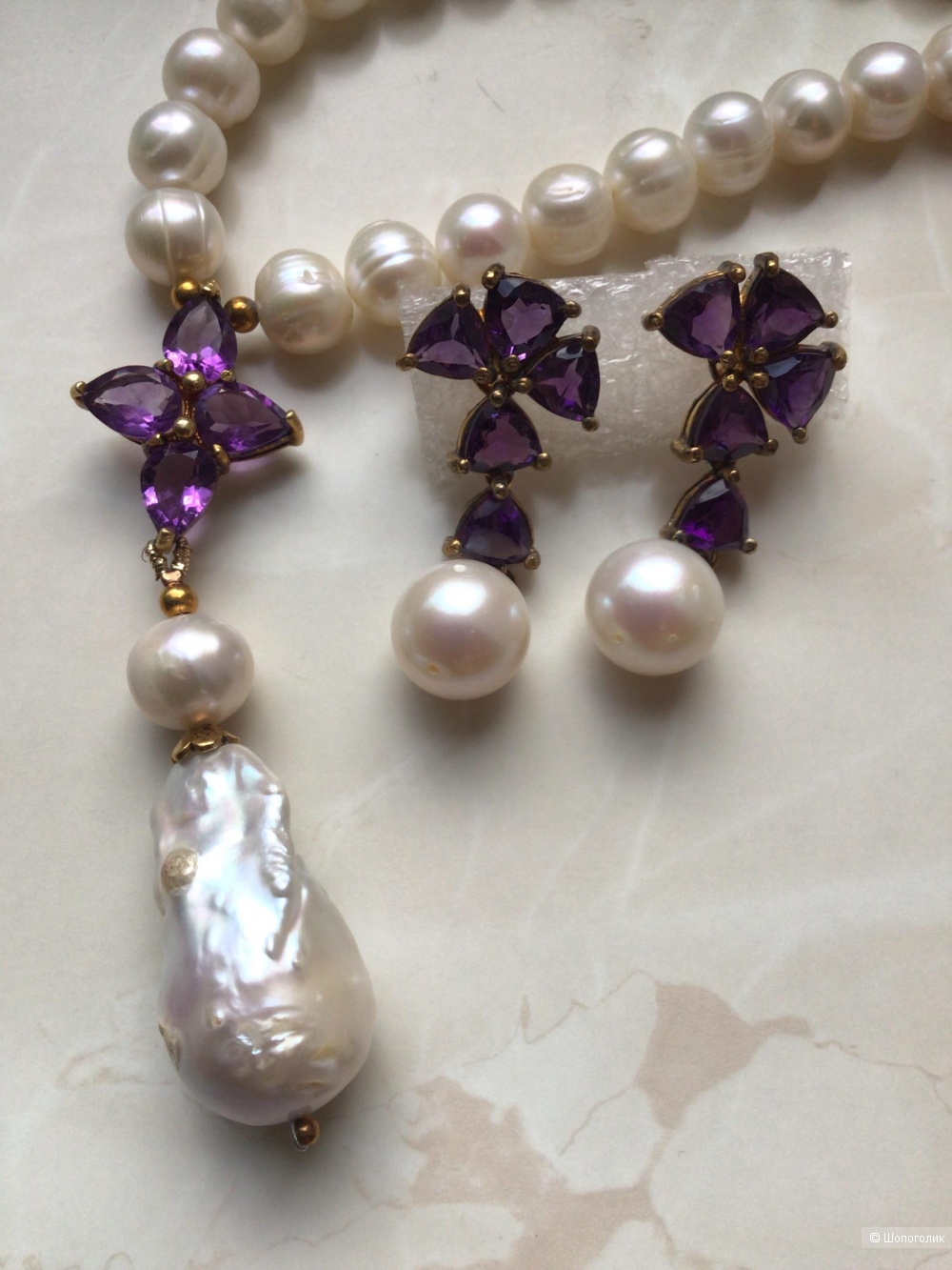 Набор (сет) серебряное колье и серьги из натурального жемчуга барокко и аметистов