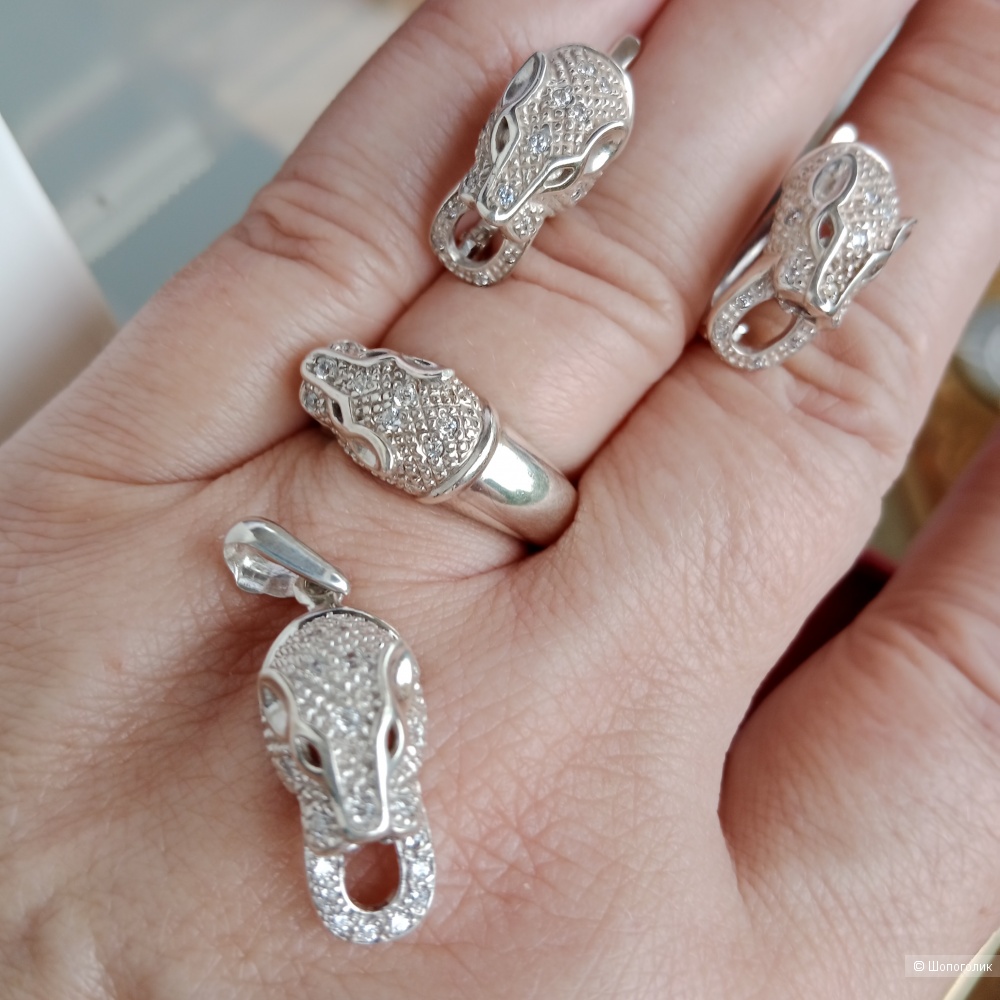 Серебряный комплект голова пантеры 925 проба