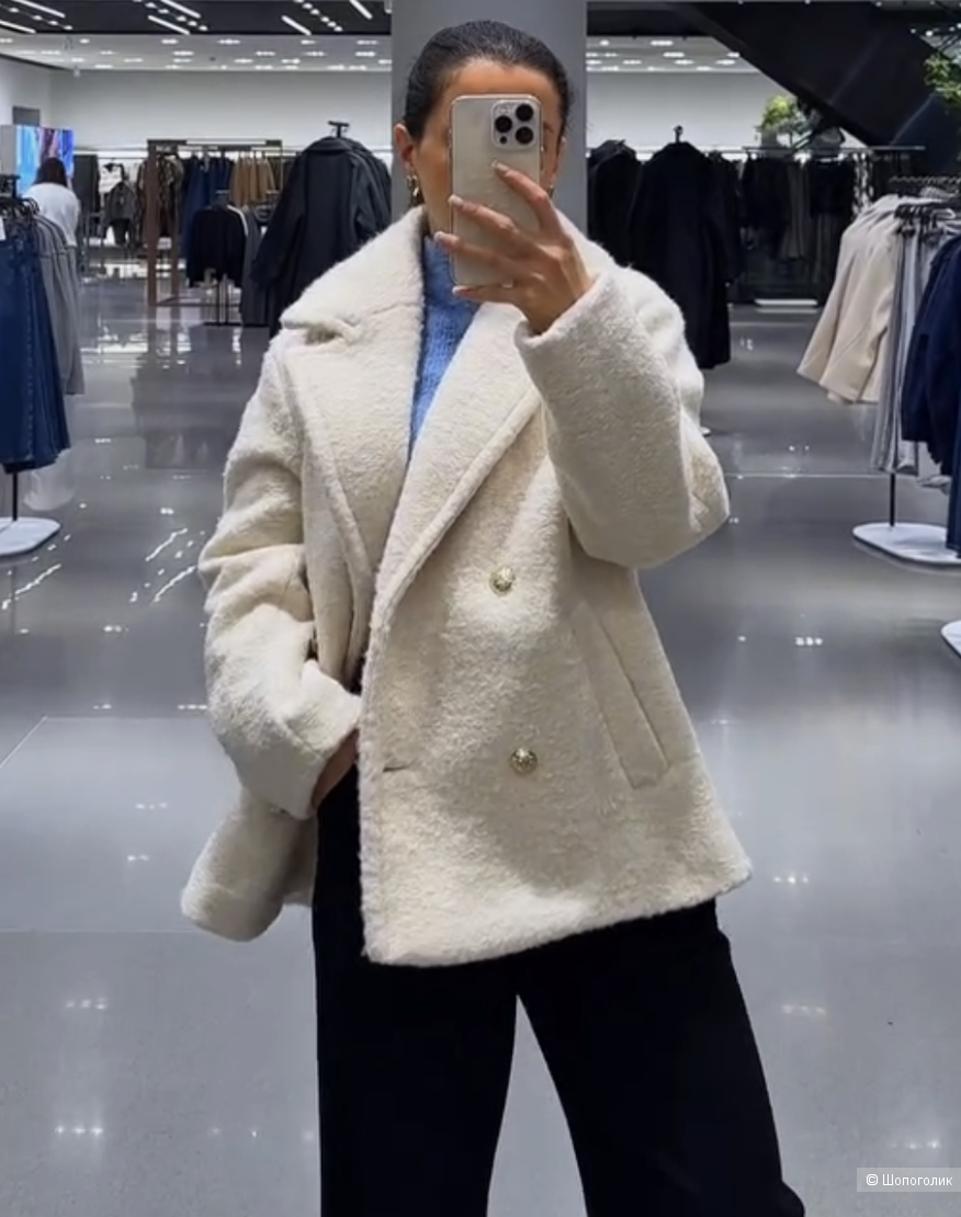 Двубортное пальто букле Zara XL