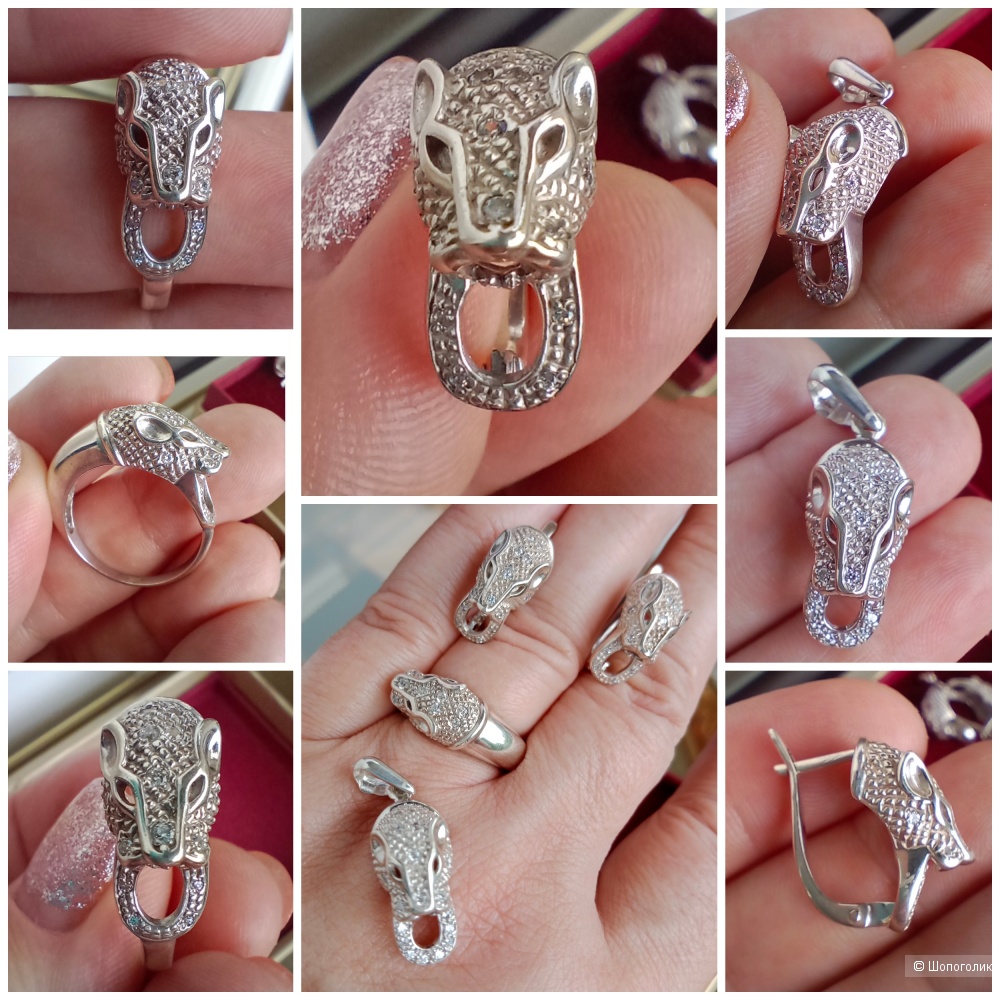 Серебряный комплект голова пантеры 925 проба