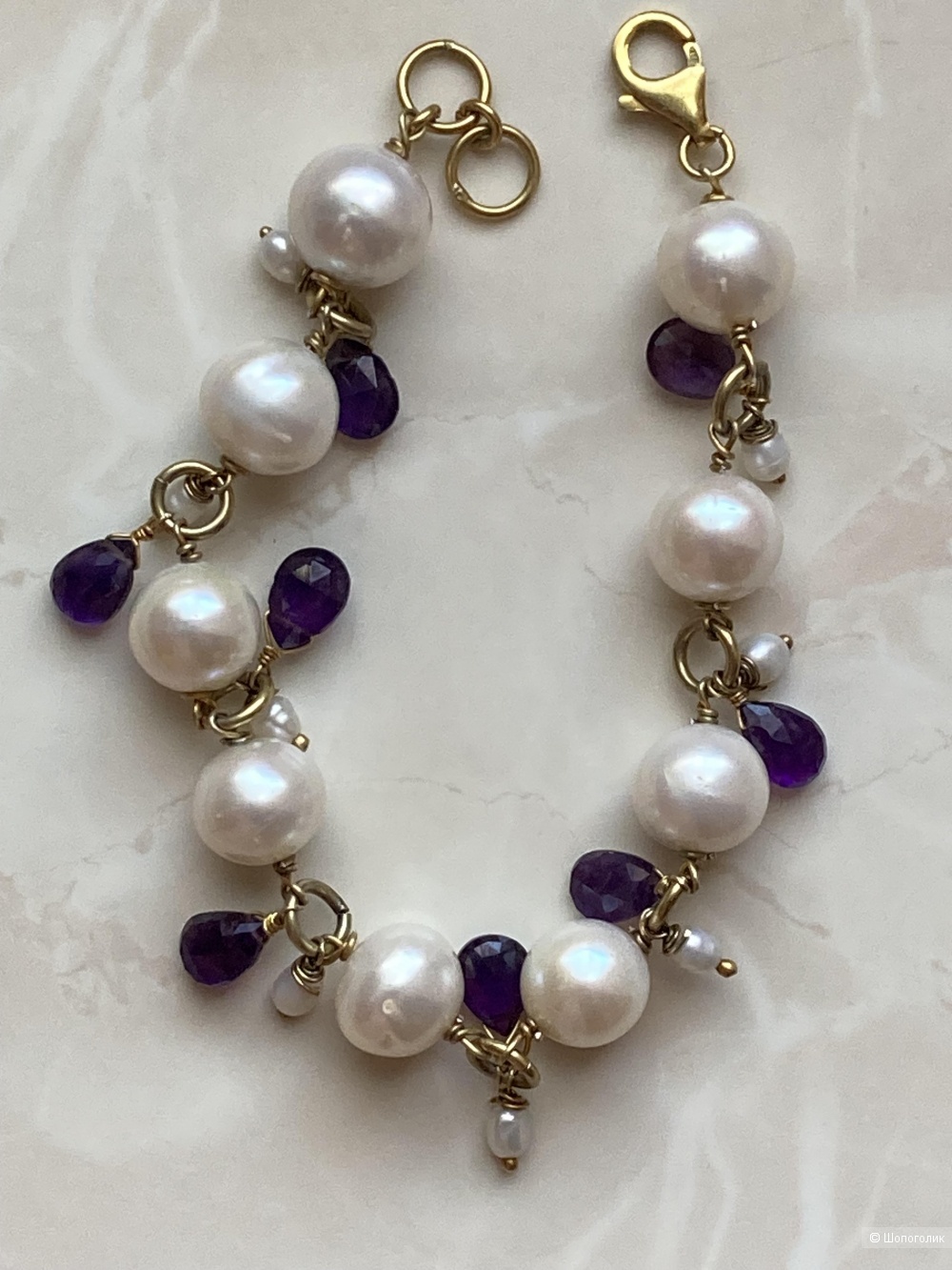 Браслет серебряный с натуральным жемчугом и аметистами