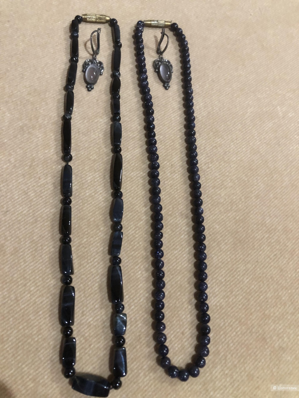 Сет из колье авантюрин , черный агат и серьги , one size.