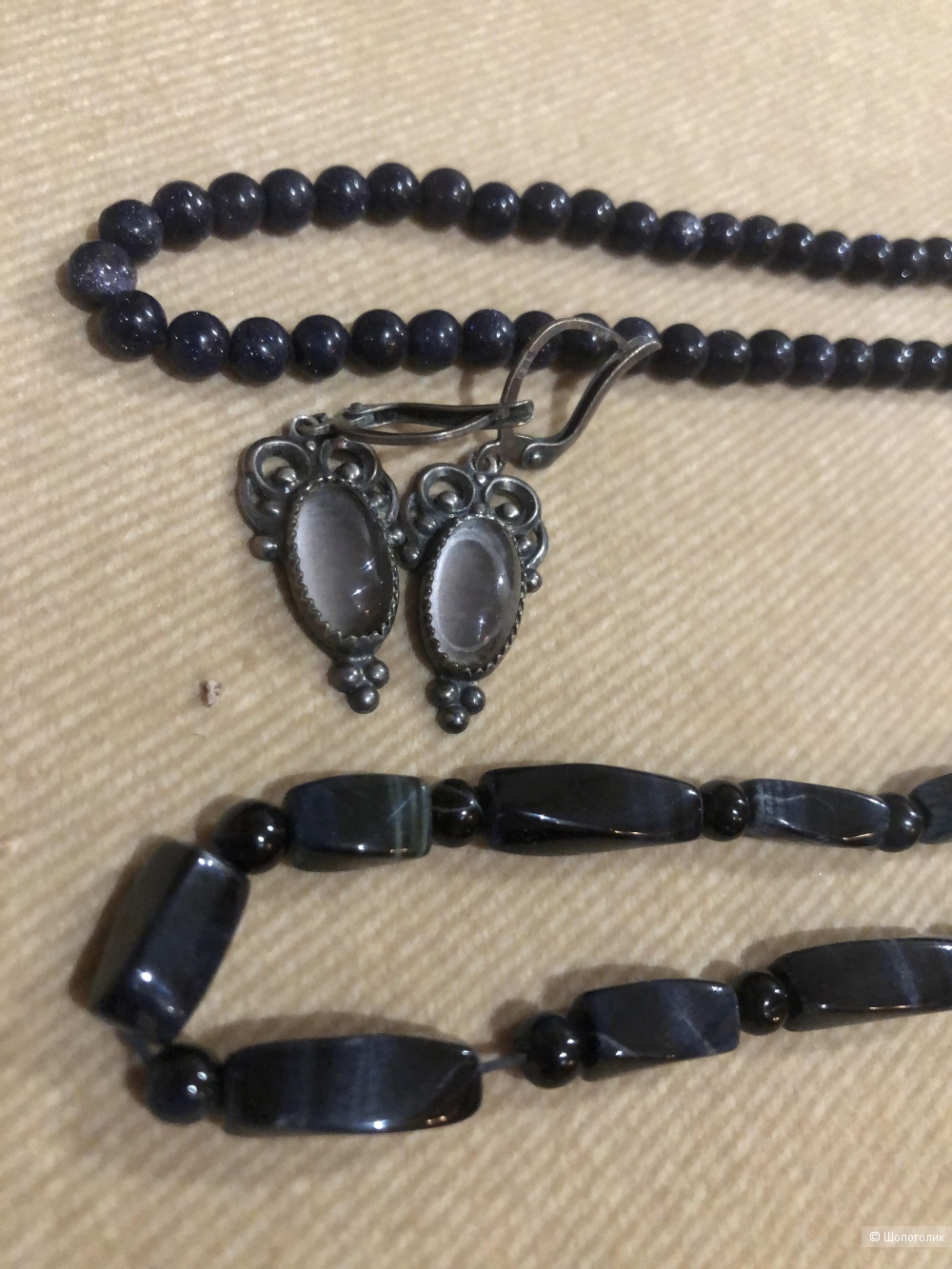 Сет из колье авантюрин , черный агат и серьги , one size.