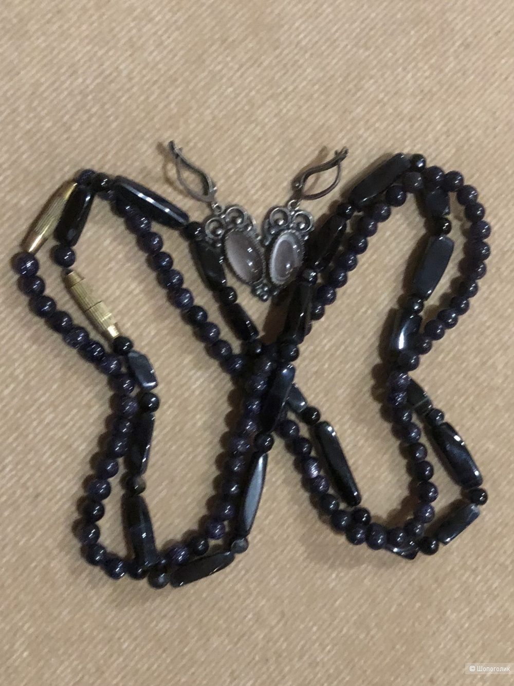 Сет из колье авантюрин , черный агат и серьги , one size.