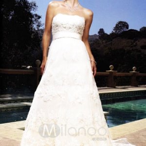 A Line Strapless Empire Waist Sash Lace Beading Satin Wedding Dress 18501 1