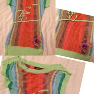 Платье desigvel(точное название фирмы не помню),покупала в Испании, там же надевала один раз. Ярче чем на фото, на одно плечо или оба спустить можно
Н