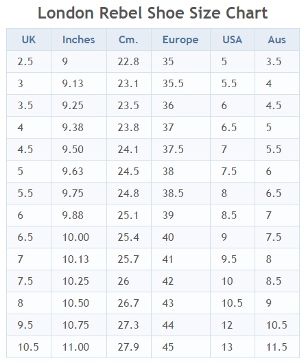 London Rebel size chart
(insole length)