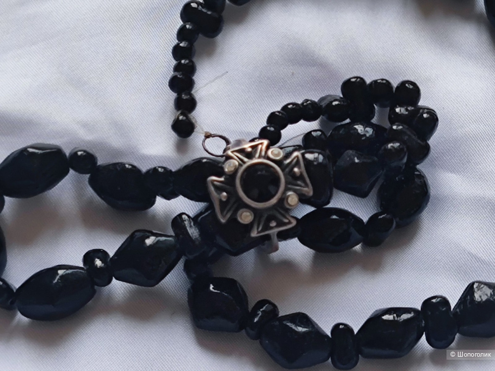 Комплект бусы и кольцо с черным камнем