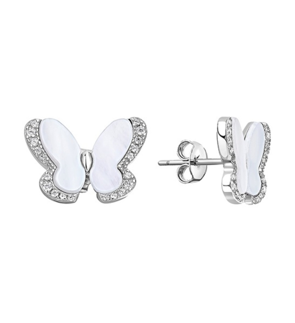 Серебряные серьги бабочки с перламутром и фианитами