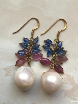 Серебряные серьги с натуральными кианитами, рубинами, жемчугом барокко