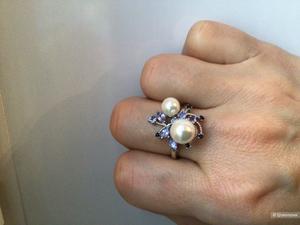Серебряное кольцо с натуральными танзанитами, сапфирами, жемчугом, размер 18,5