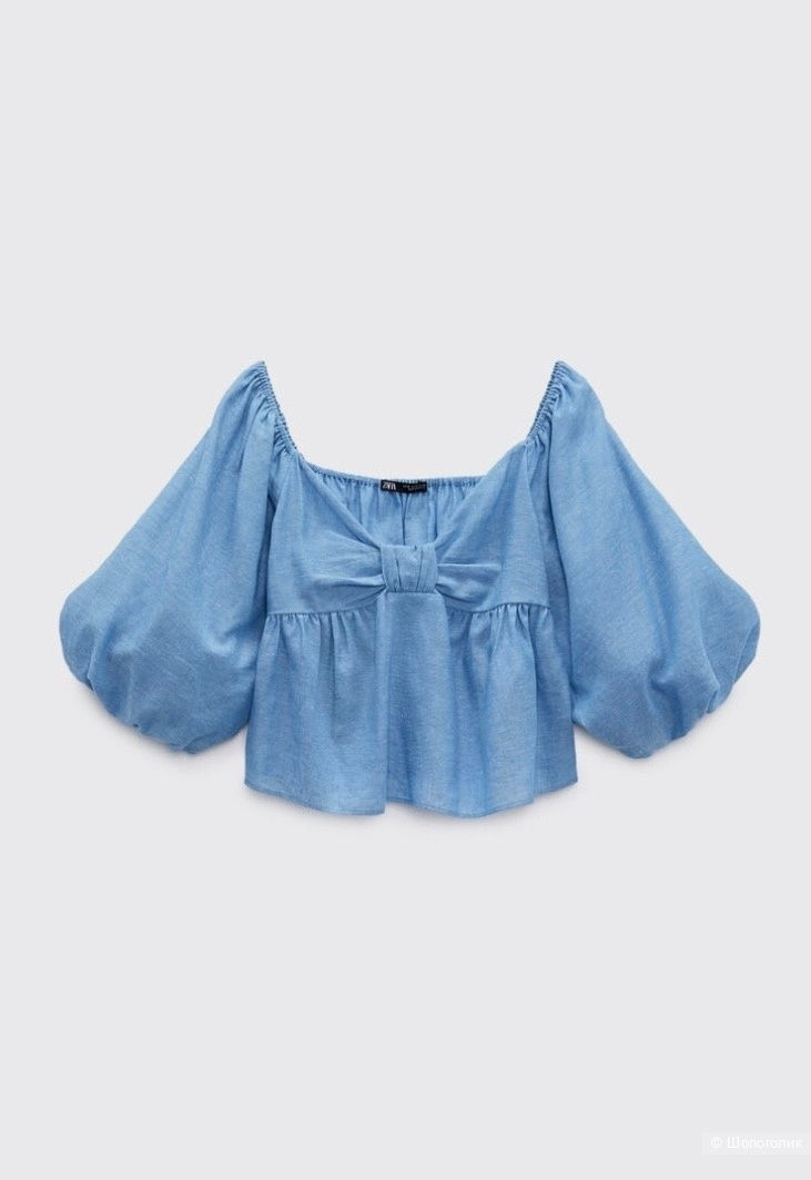 Топ -блузка  Zara Blue Linen Blend Knotted Top.Размер Евр.М.