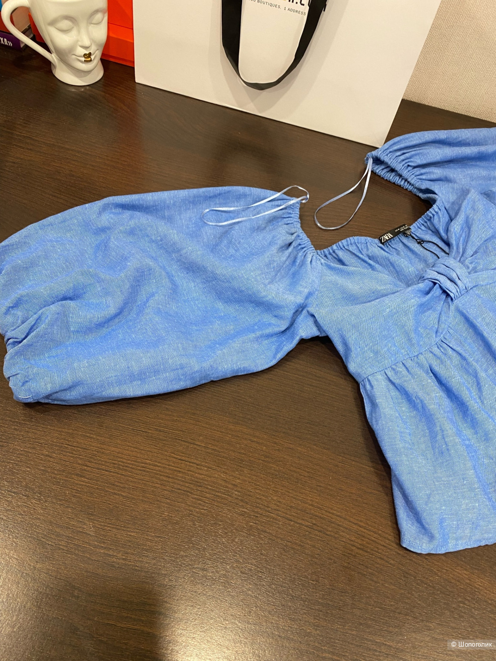 Топ -блузка  Zara Blue Linen Blend Knotted Top.Размер Евр.М.