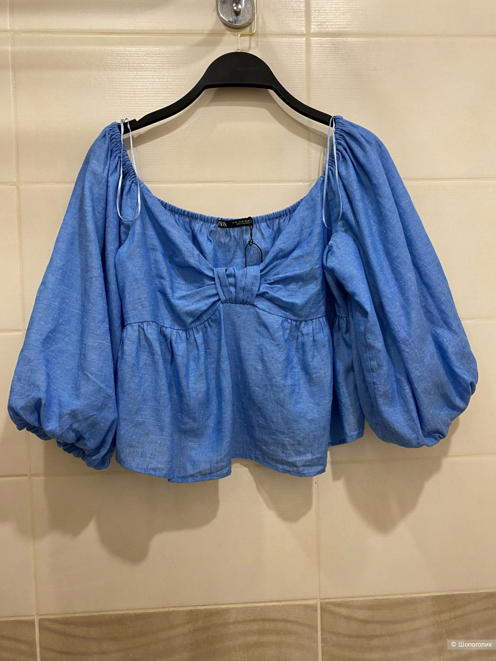 Топ -блузка  Zara Blue Linen Blend Knotted Top.Размер Евр.М.