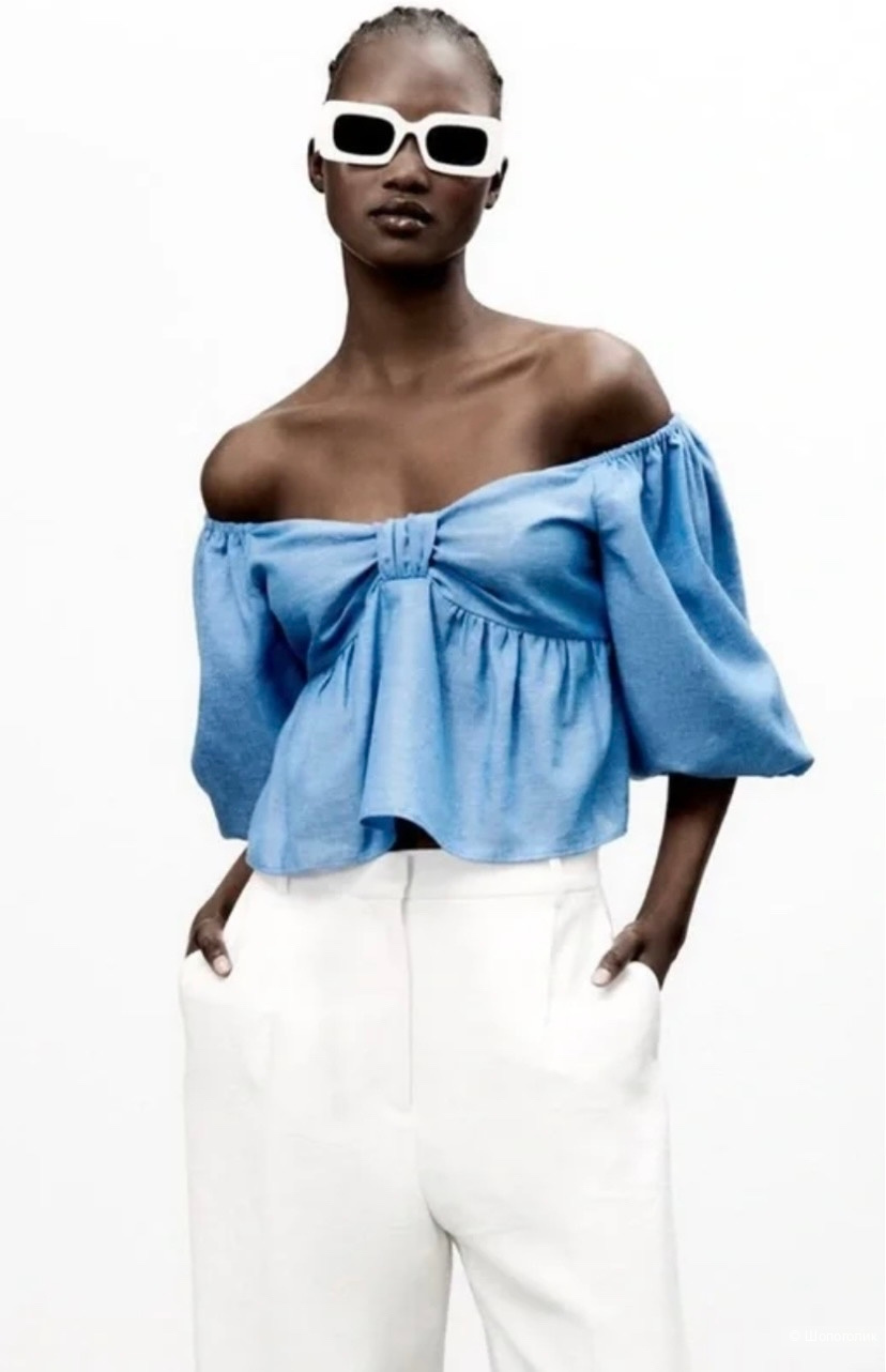 Топ -блузка  Zara Blue Linen Blend Knotted Top.Размер Евр.М.