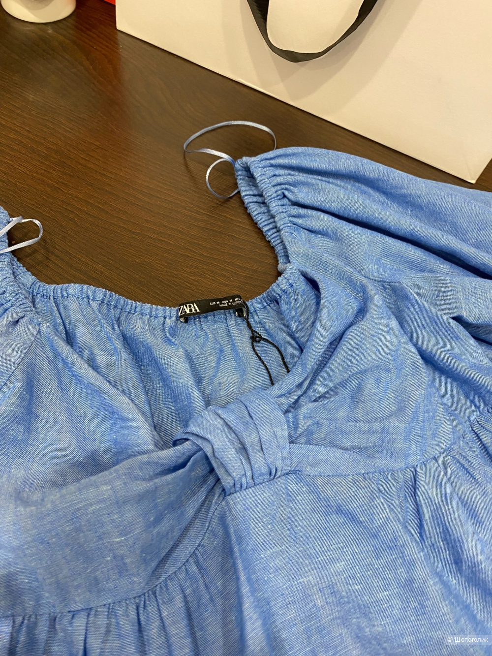 Топ -блузка  Zara Blue Linen Blend Knotted Top.Размер Евр.М.