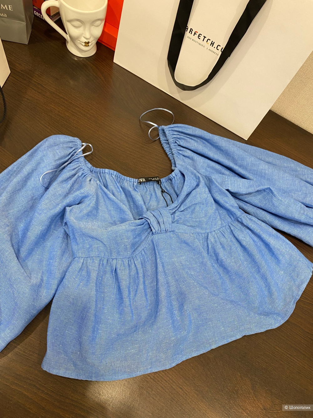 Топ -блузка  Zara Blue Linen Blend Knotted Top.Размер Евр.М.